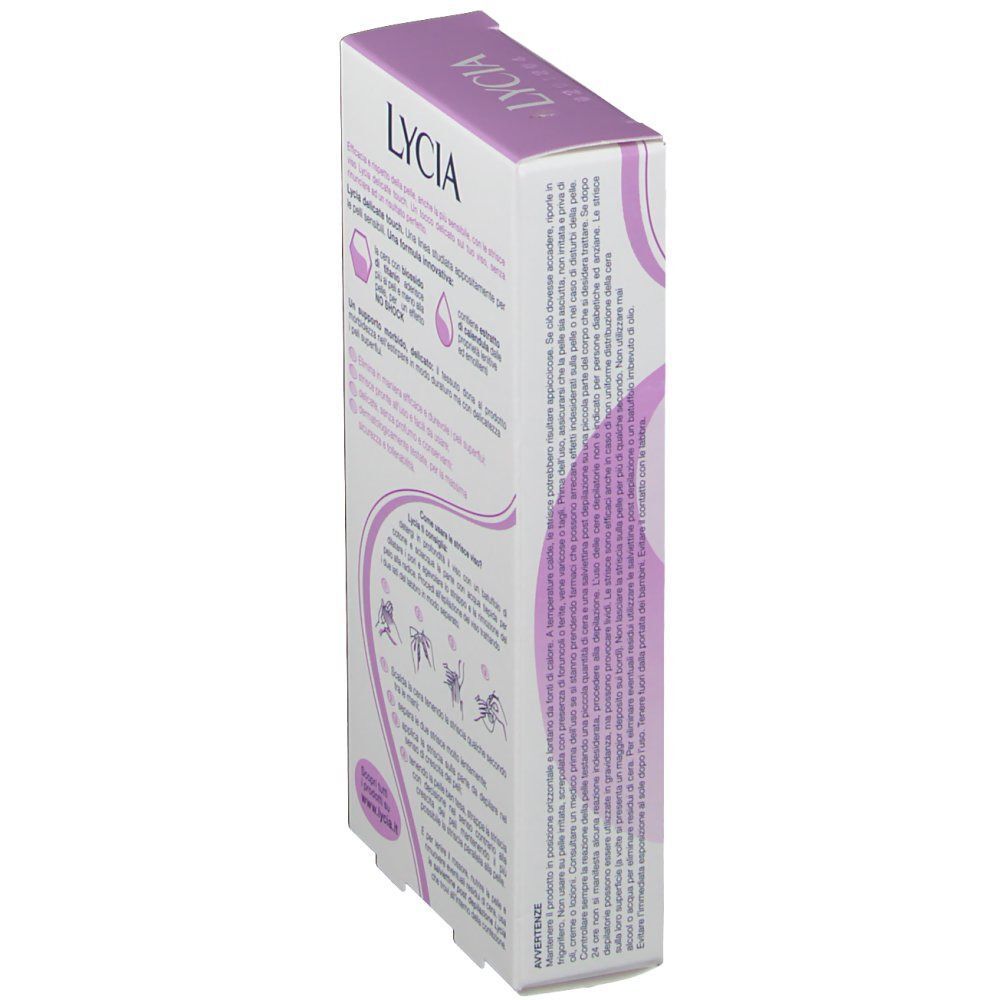 Vista laterale di una confezione di Lycia Strisce Depilatorie Delicate Touch Viso. Contiene informazioni sul prodotto.
