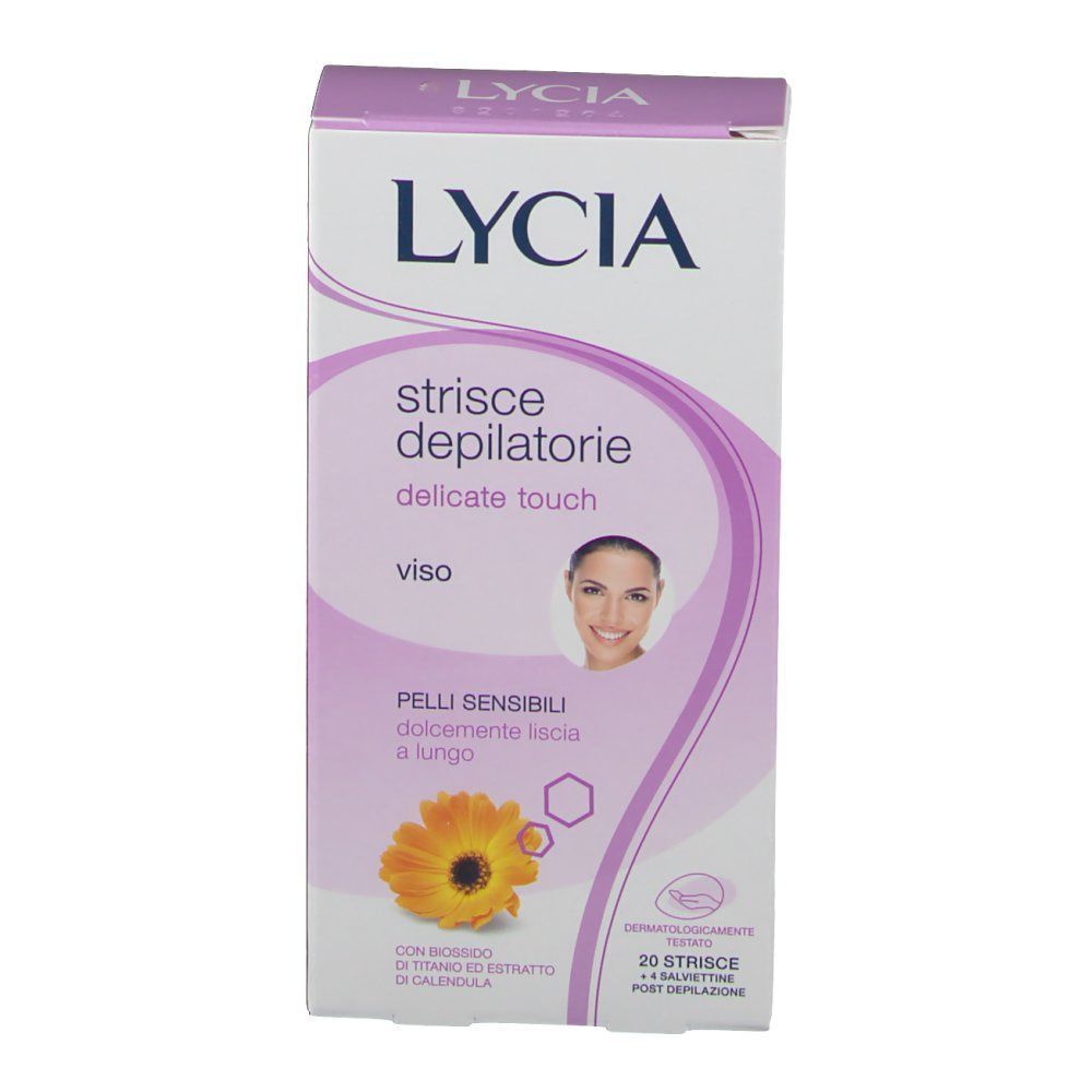 Fronte di una confezione di Lycia Strisce Depilatorie Delicate Touch Viso con girasole e volto di donna.