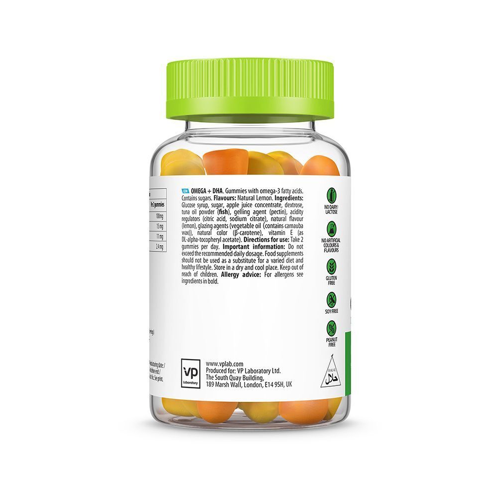 Retro di un flacone di ULTRAVIT Gummies Omega 3 + DHA. Contiene informazioni nutrizionali e certificazioni.