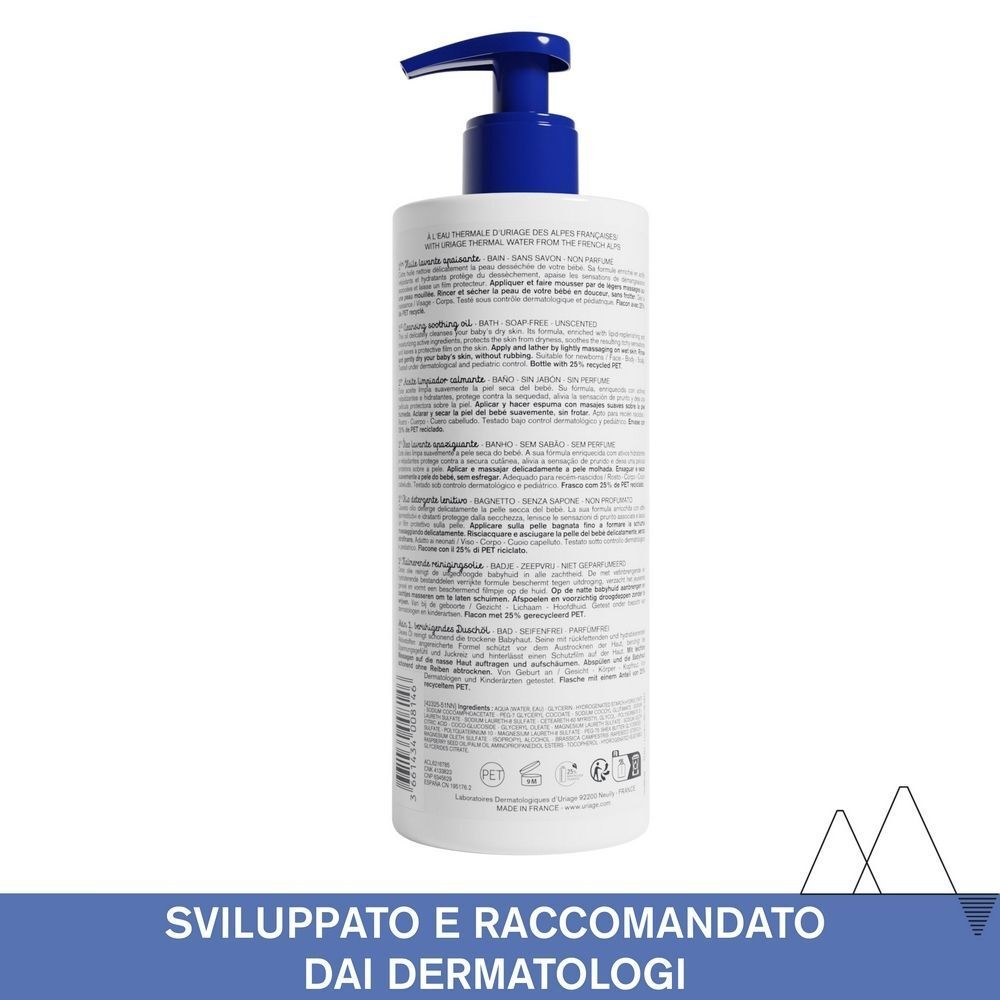 Retro di un flacone Uriage Xemose Olio lavante per neonati con informazioni sul prodotto.