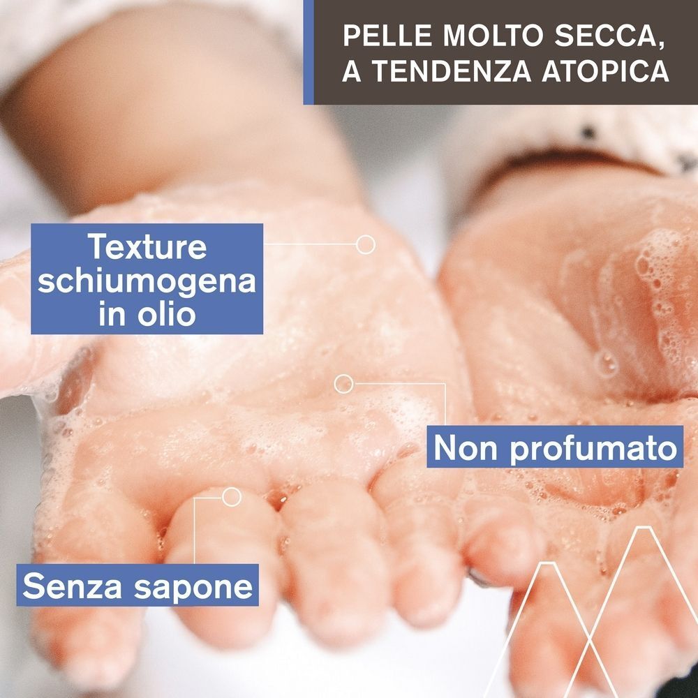 Mani con olio Uriage Xemose schiumoso, indicato come senza sapone e non profumato.