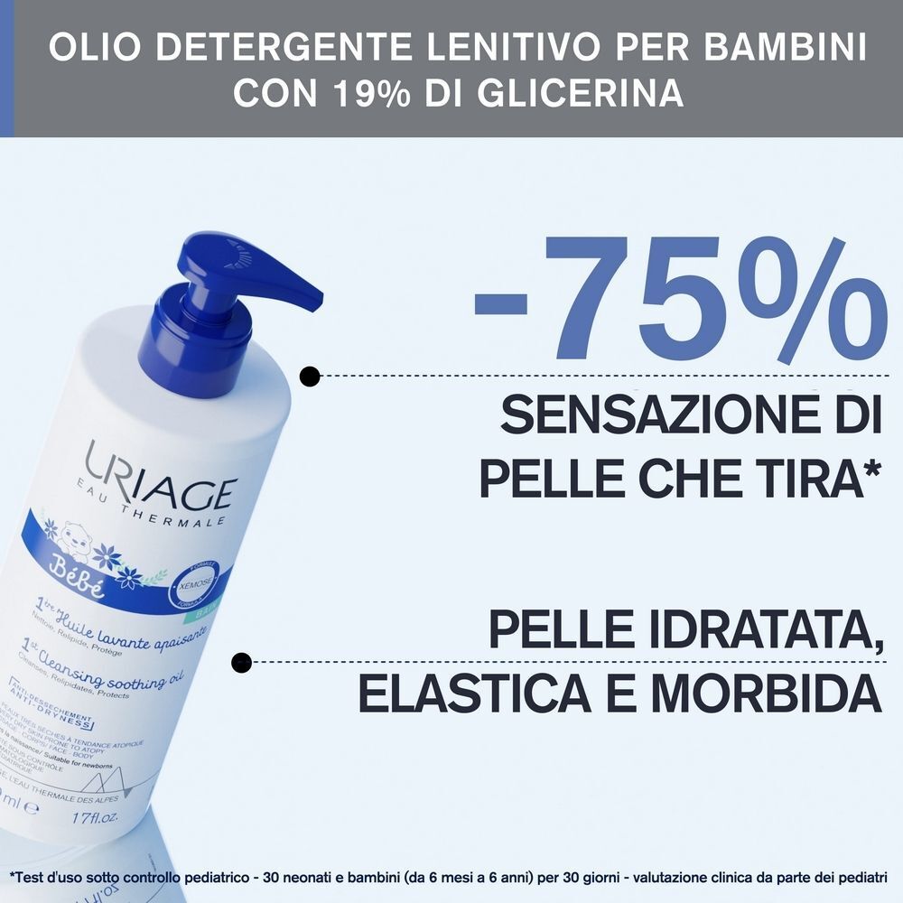 Flacone di Olio Uriage Xemose accanto a testo che evidenzia una riduzione del 75% della sensazione di pelle che tira.