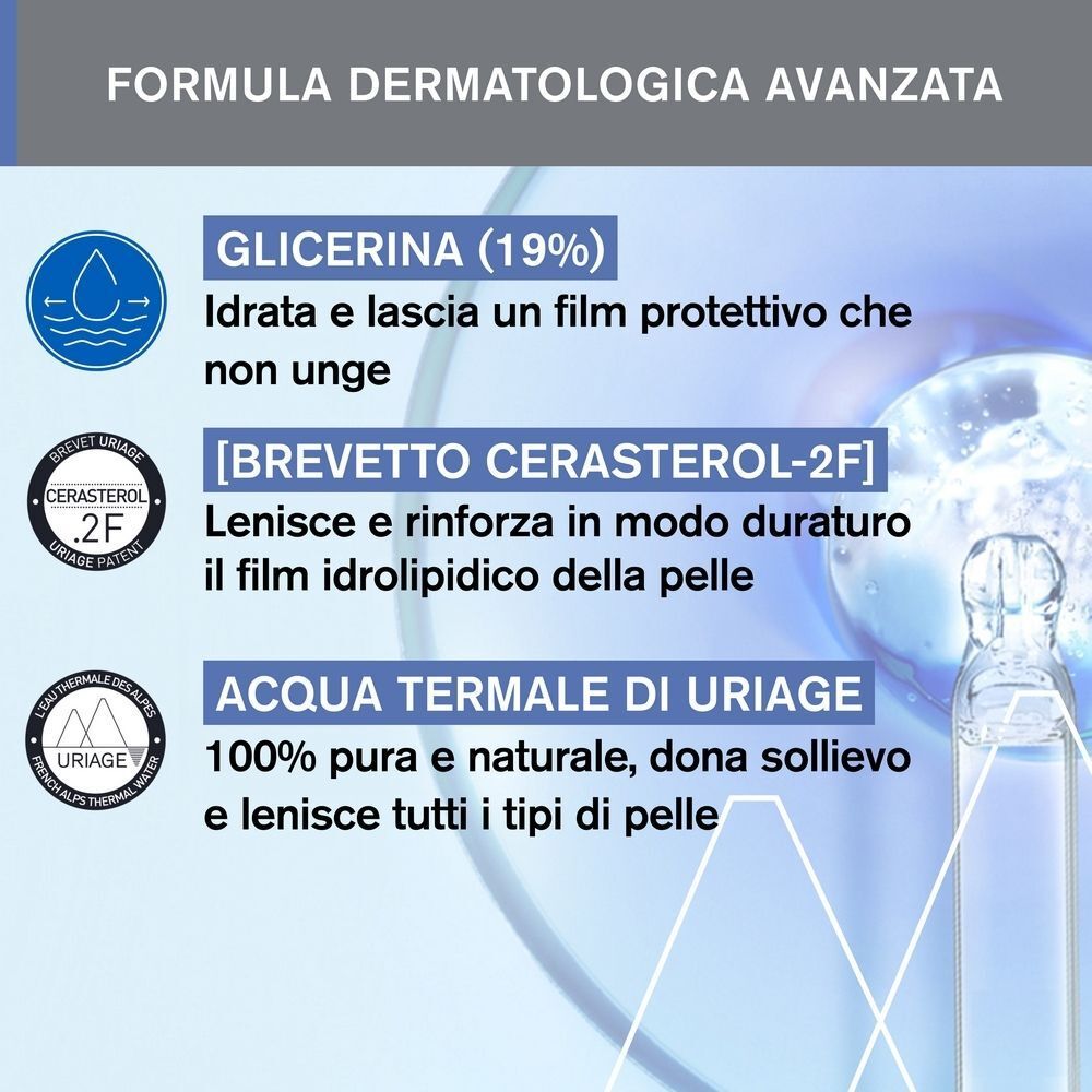 Grafiche mostrano Glicerina (19%), Cerasterol-2F e Acqua Termale di Uriage nella formula.