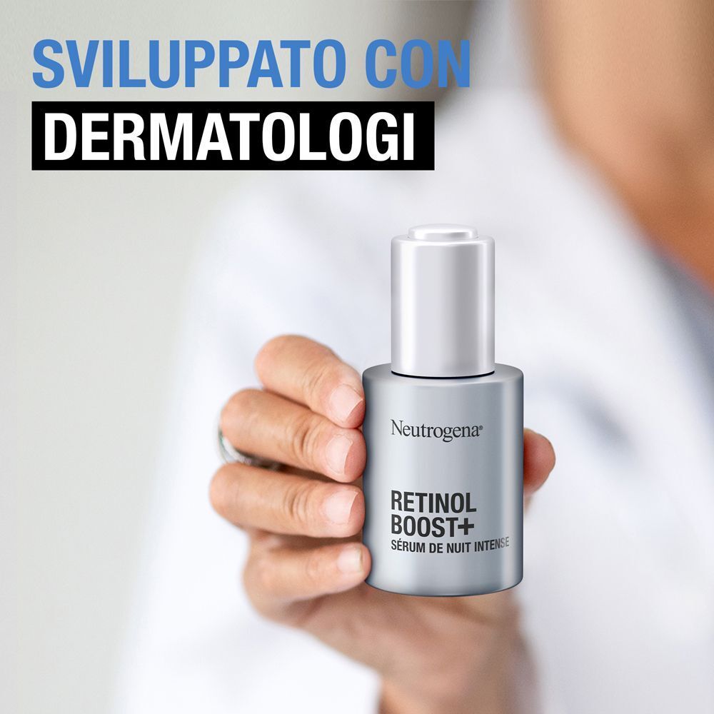 Una mano tiene un flacone di siero notte Neutrogena Retinol Boost+. Testo: Sviluppato con dermatologi.