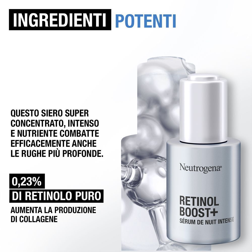 Flacone di siero notte Neutrogena Retinol Boost+ con testo su ingredienti e concentrazione di retinolo puro.