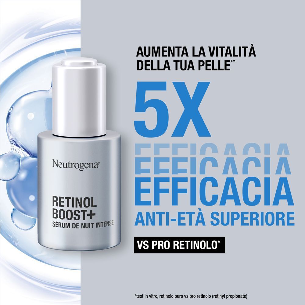 Flacone di siero Neutrogena Retinol Boost+ con testo sulla vitalità e l'efficacia della pelle.