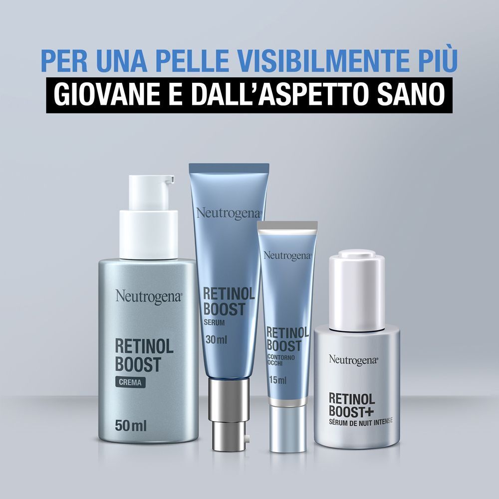 Prodotti Neutrogena Retinol Boost: flaconi di crema, siero e siero notte.