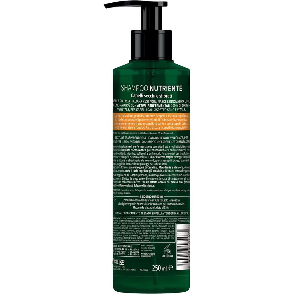 Retro di un flacone verde Restivoil Shampoo con informazioni dettagliate sul prodotto.