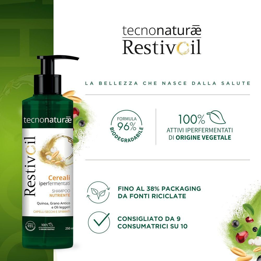 Flacone verde Restivoil Shampoo con sigilli per biodegradabilità e ingredienti di origine vegetale.