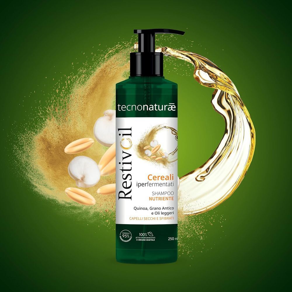 Restivoil Tecnonaturae Shampoo Nutriente Cereali Iperfermentati con cereali ed effetto olio su sfondo verde.