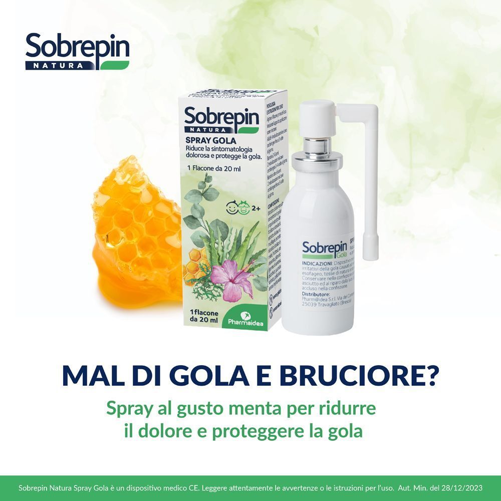 Sobrepin Natura Spray Gola 20 ml con applicatore, accanto a un favo e alla sua confezione.