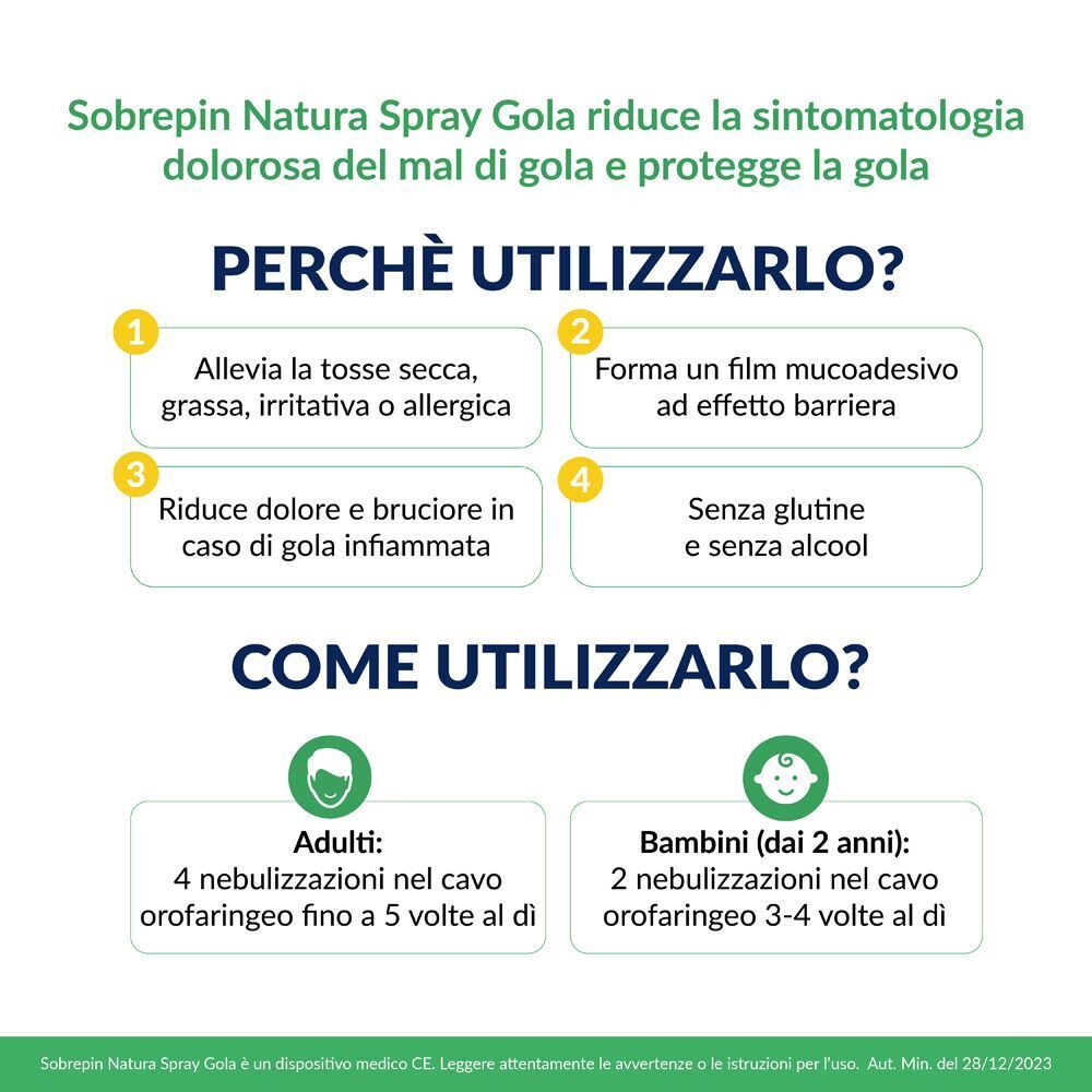 Informazioni su Sobrepin Natura Spray Gola: benefici, uso per adulti e bambini.