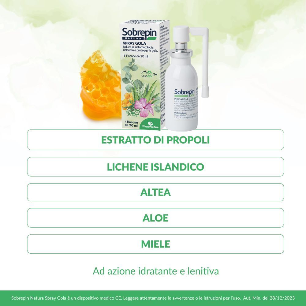 Sobrepin Natura Spray Gola 20 ml: ingredienti come propoli, lichene islandico, aloe.