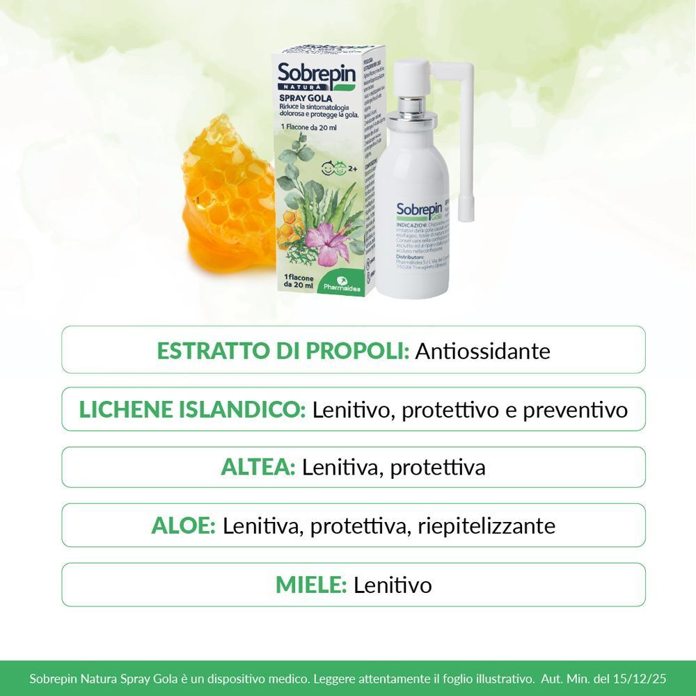 Ingredienti dello Spray Gola Sobrepin Natura: propoli, lichene, altea, aloe, miele.