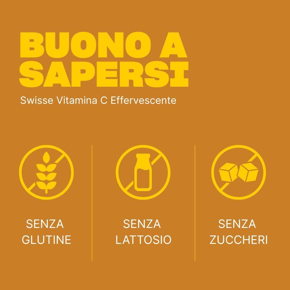 Vitamina C Swisse: Senza glutine, lattosio, zuccheri. Icone di assenza.