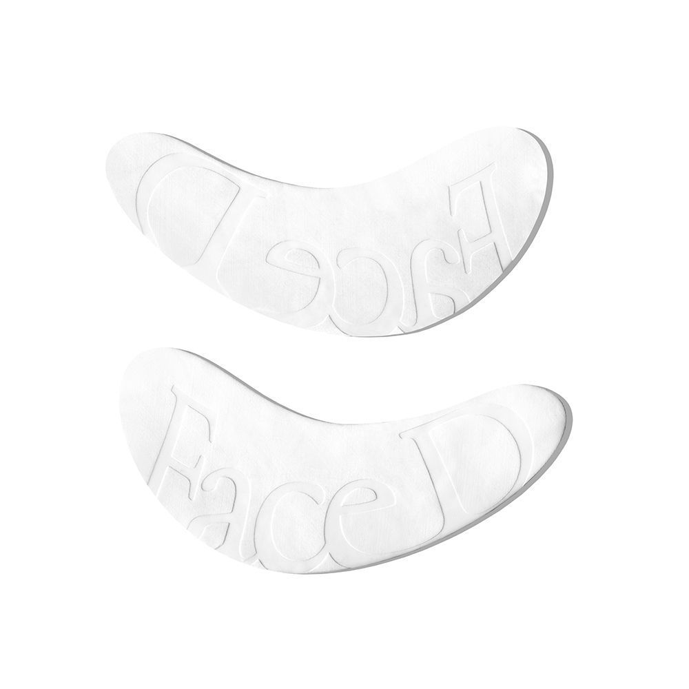 Due patch riutilizzabili bianchi per occhi con logo 'FaceD' in rilievo.