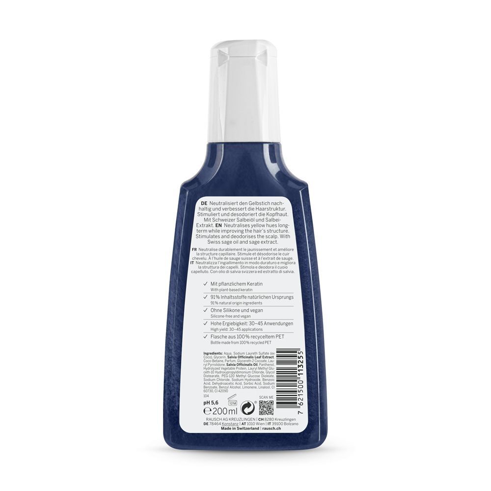 Retro di un flacone di Shampoo RAUSCH con ingredienti e istruzioni.