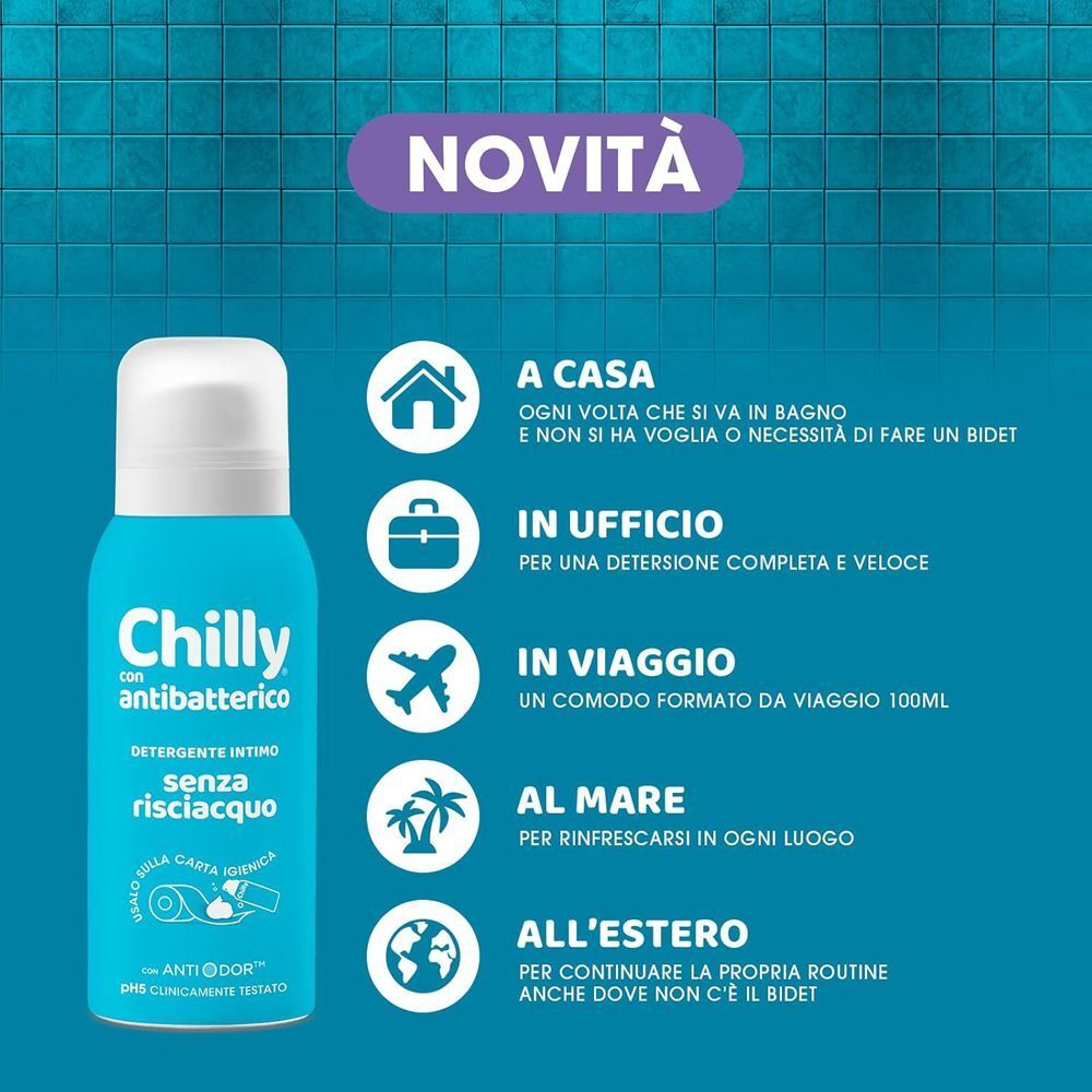 Detergente intimo Chilly antibatterico senza risciacquo per varie situazioni.