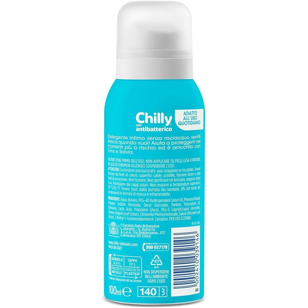 Retro di un flacone di Chilly Detergente Intimo Senza Risciacquo con Antibatterico, bomboletta blu con informazioni bianche.