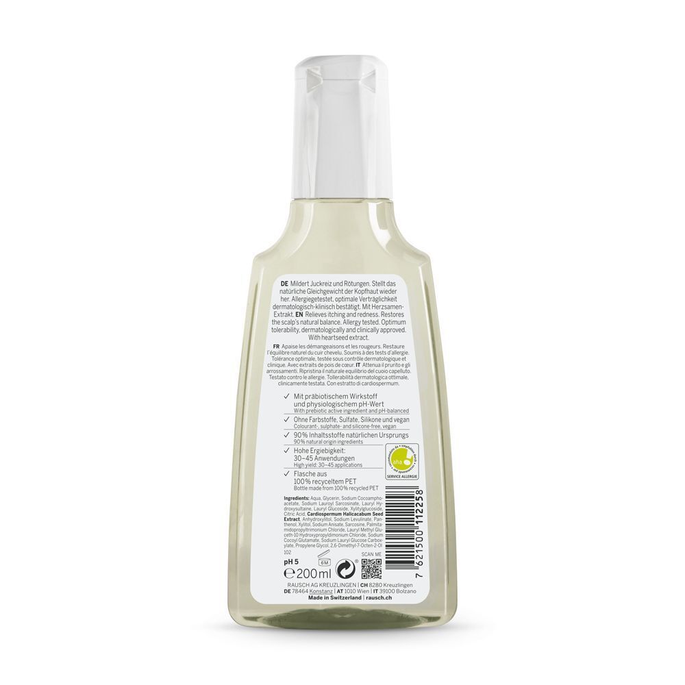 Retro di un flacone di RAUSCH Shampoo Delicato Al Cardiospermum con informazioni dettagliate sul prodotto e sigilli.