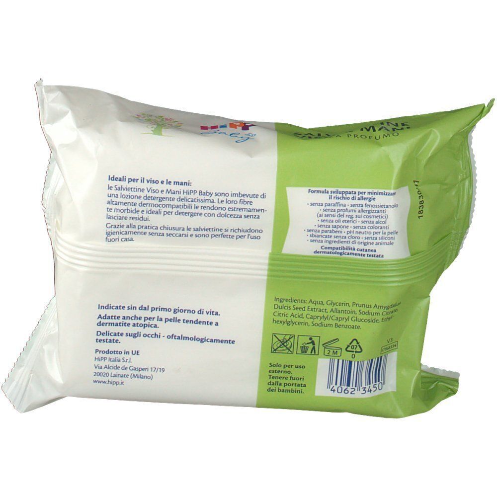 Retro di una confezione di salviettine HiPP Baby Viso e Mani con informazioni sul prodotto e ingredienti.