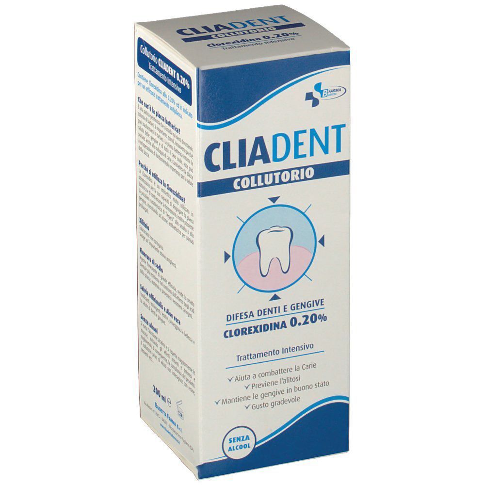 Fronte di una confezione di collutorio CLIADENT 0,20% Clorexidina. Mostra un simbolo di dente.
