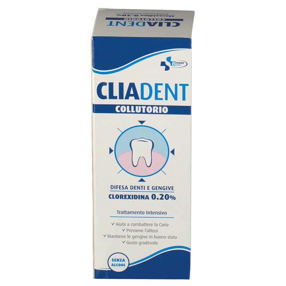 Fronte di una confezione di collutorio CLIADENT. Per denti e gengive, 200 ml.