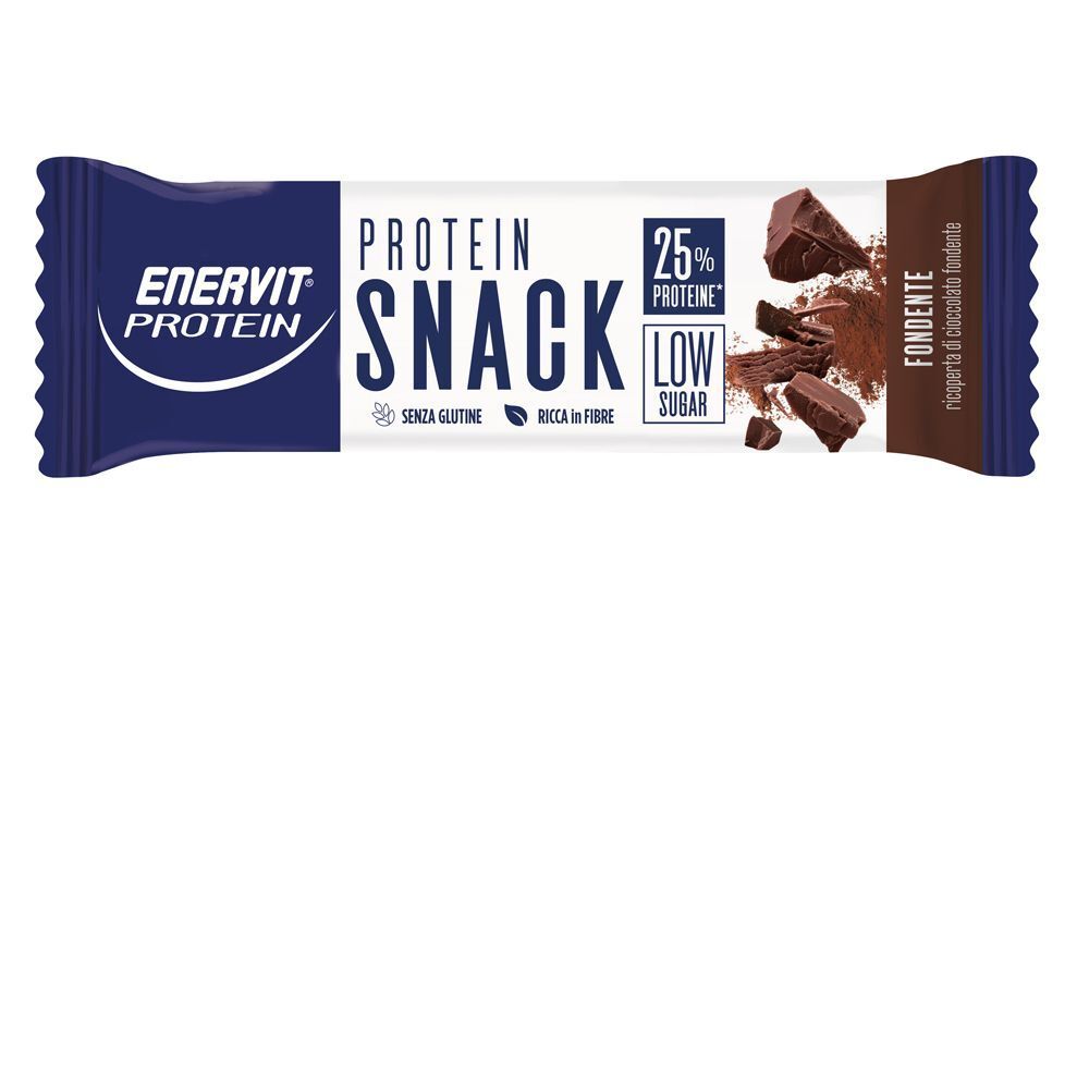 Una confezione di Enervit Protein Snack Fondente, 25% proteine, basso contenuto di zuccheri.