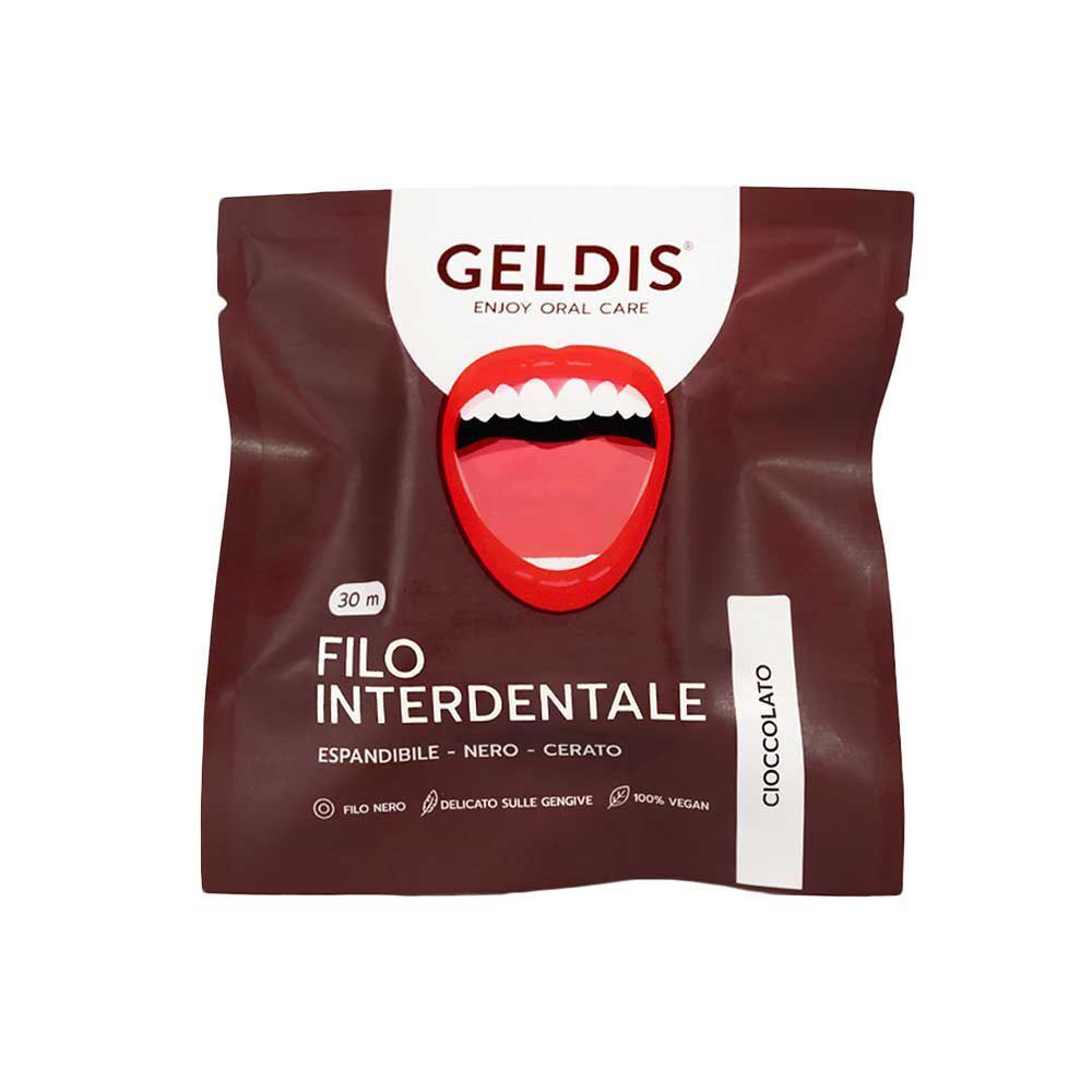 Confezione di filo interdentale GELDIS, gusto cioccolato, 30m, 100% vegan.
