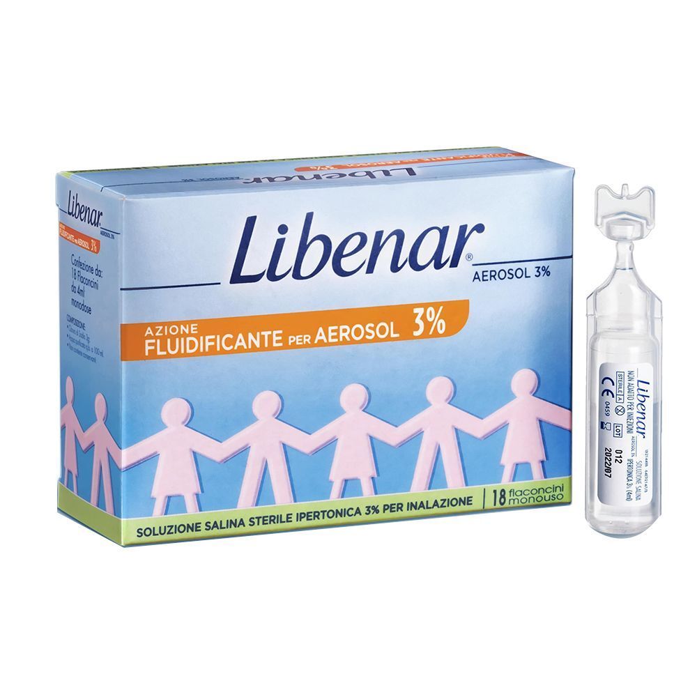 Una confezione di Libenar Aerosol 3% e un singolo flaconcino di soluzione salina sterile per inalazione.