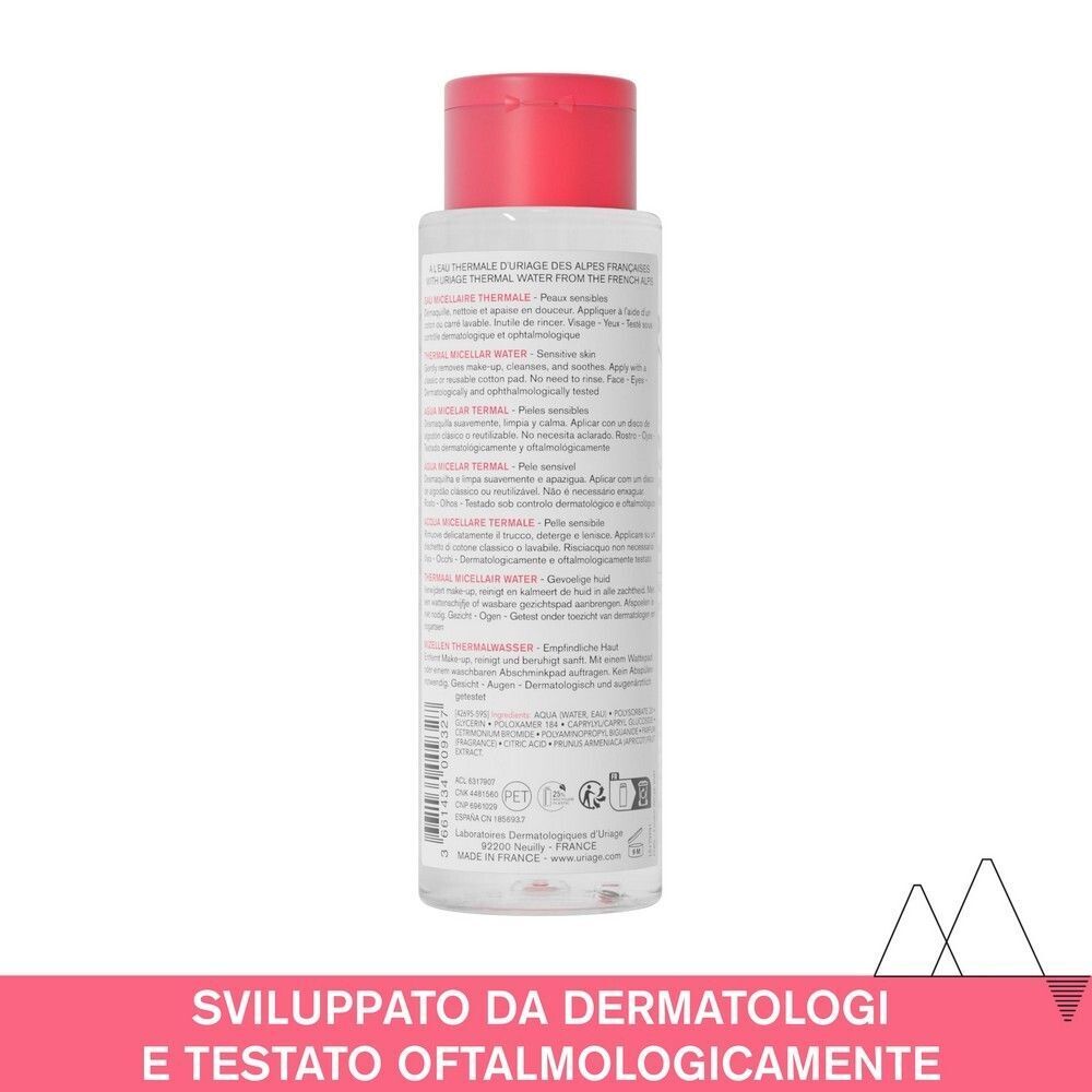 Retro di un flacone di Acqua Micellare Termale Uriage con ingredienti e istruzioni.