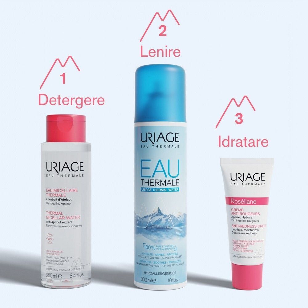 Linea Uriage: Acqua Micellare, Spray Acqua Termale, Crema Roséliane.