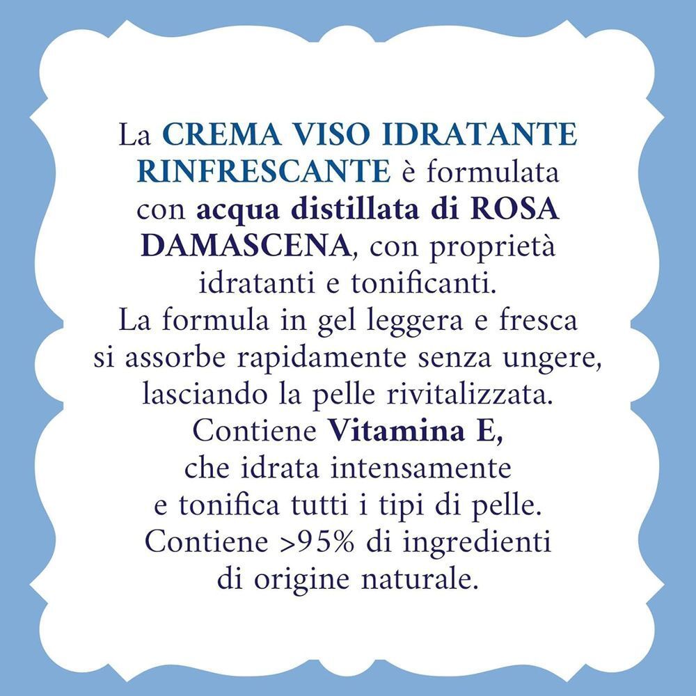 Testo sulla confezione di Crema Viso Idratante Acqua alle Rose sugli ingredienti.