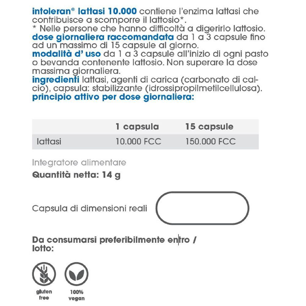 Informazioni su Intoleran Lattasi 10.000, dosaggio, ingredienti e sigilli.