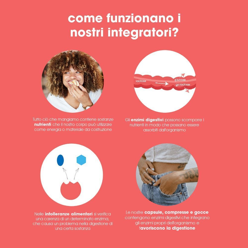 Grafiche e immagini spiegano il funzionamento degli integratori di lattasi per la digestione.
