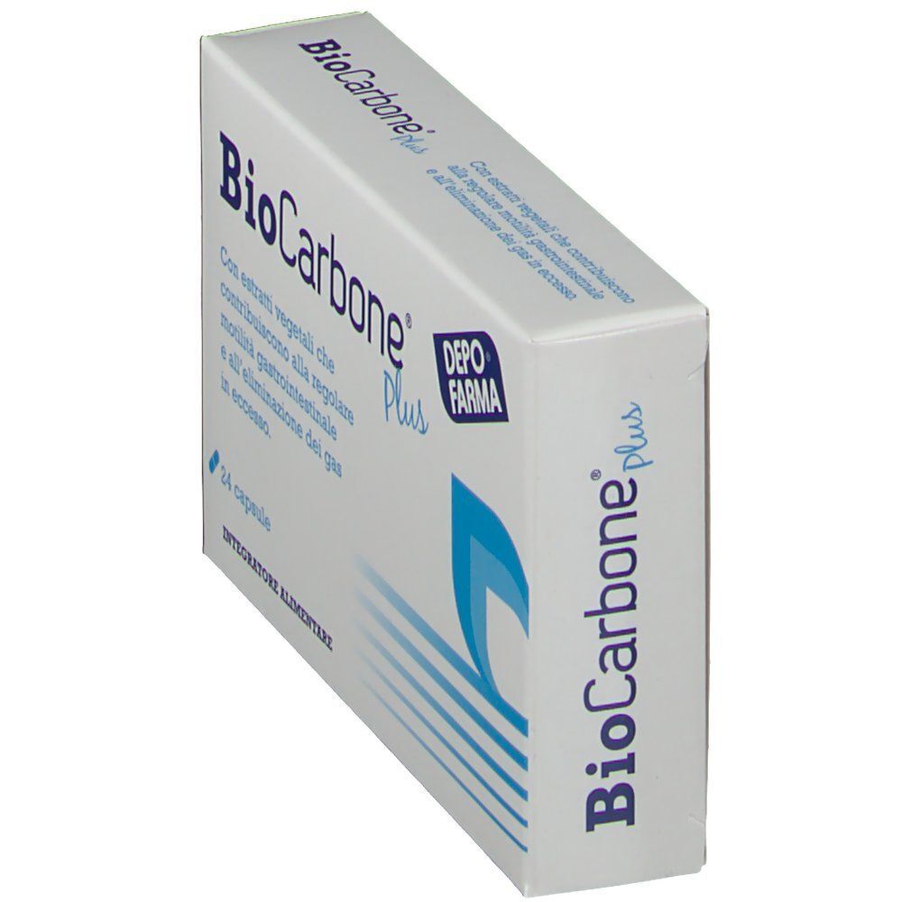 Confezione di BioCarbone Plus, integratore alimentare da 24 capsule, vista laterale.