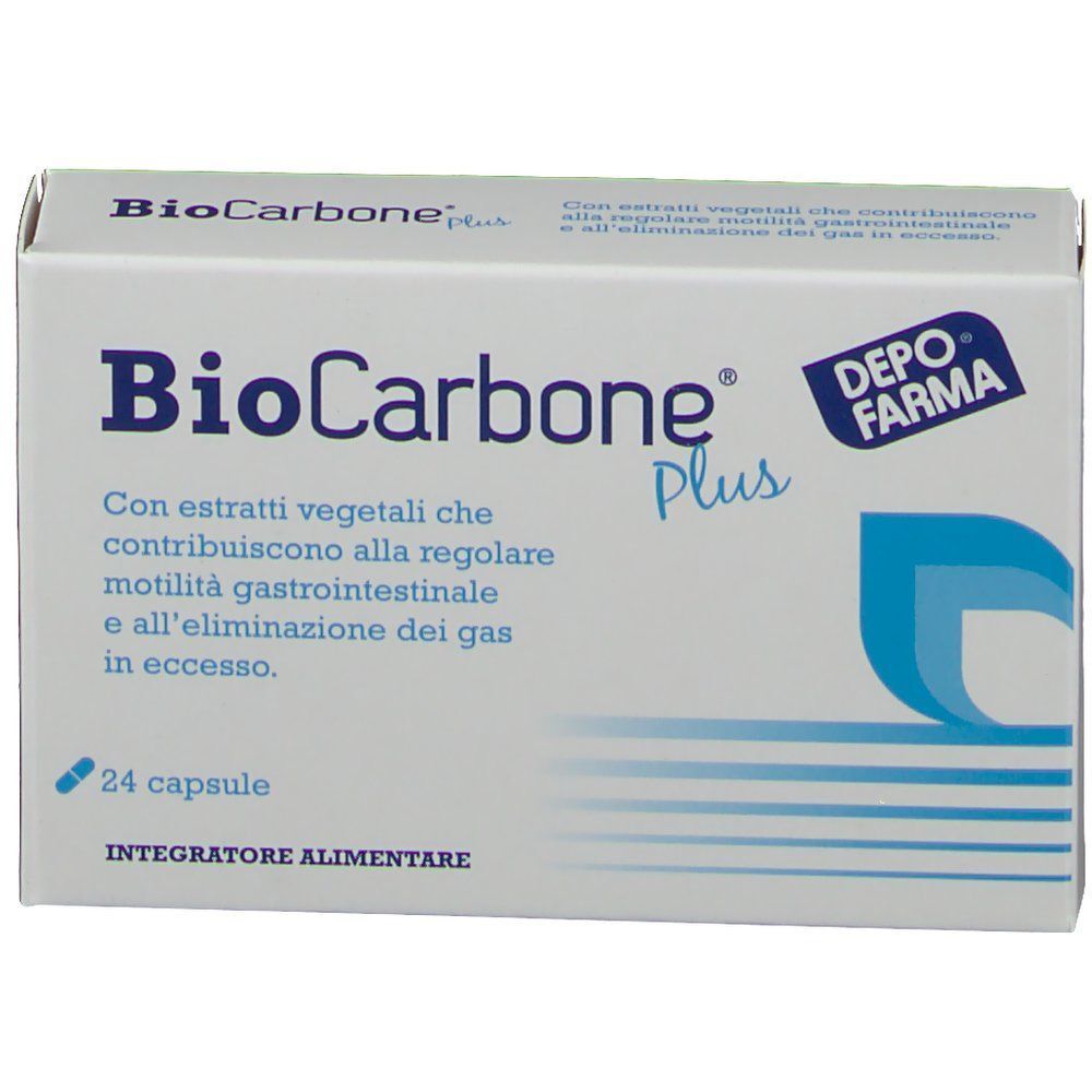 Confezione di BioCarbone Plus, integratore alimentare da 24 capsule.