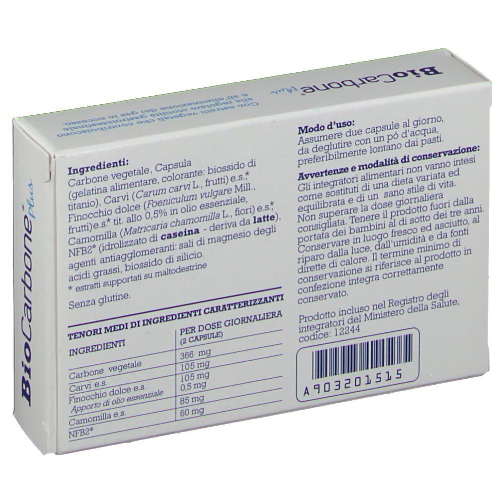 Retro di una confezione di BioCarbone Plus, integratore alimentare, con elenco ingredienti e informazioni nutrizionali.