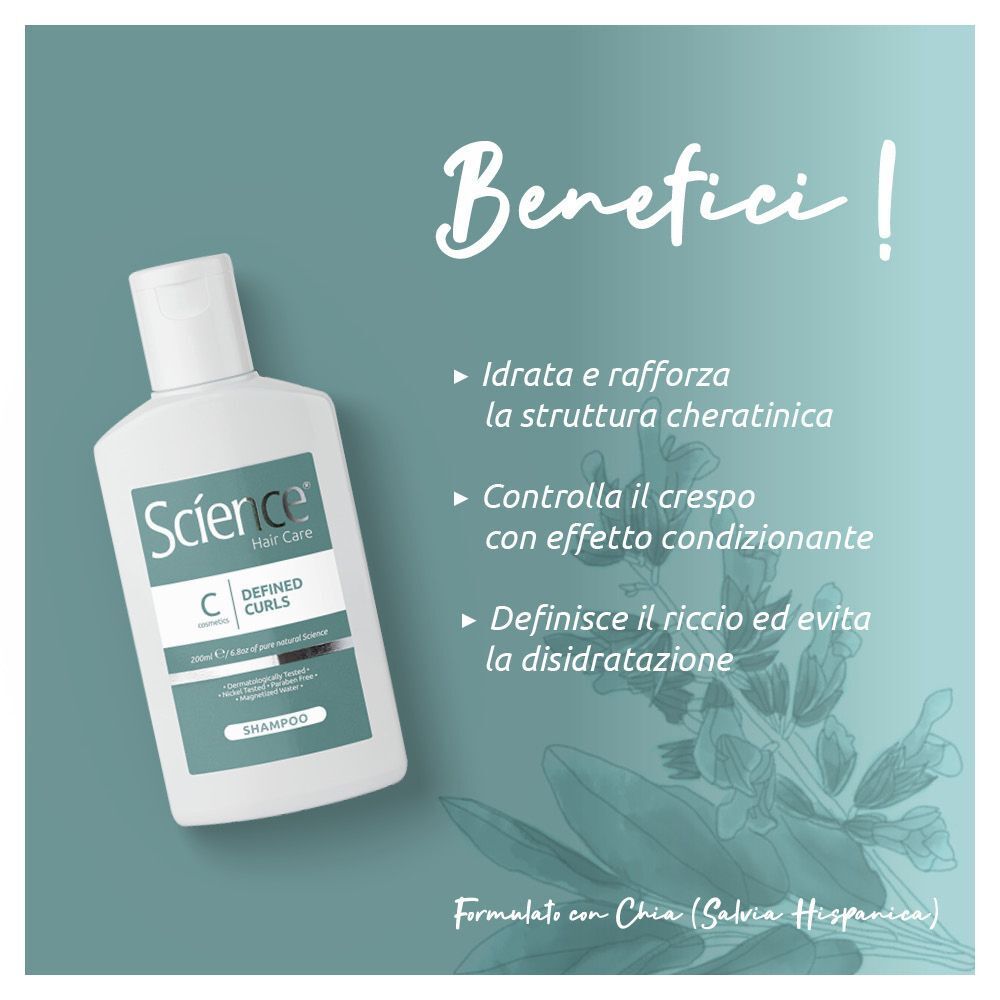 Flacone di Science Hair Care Shampoo Ricci Definiti con benefici.