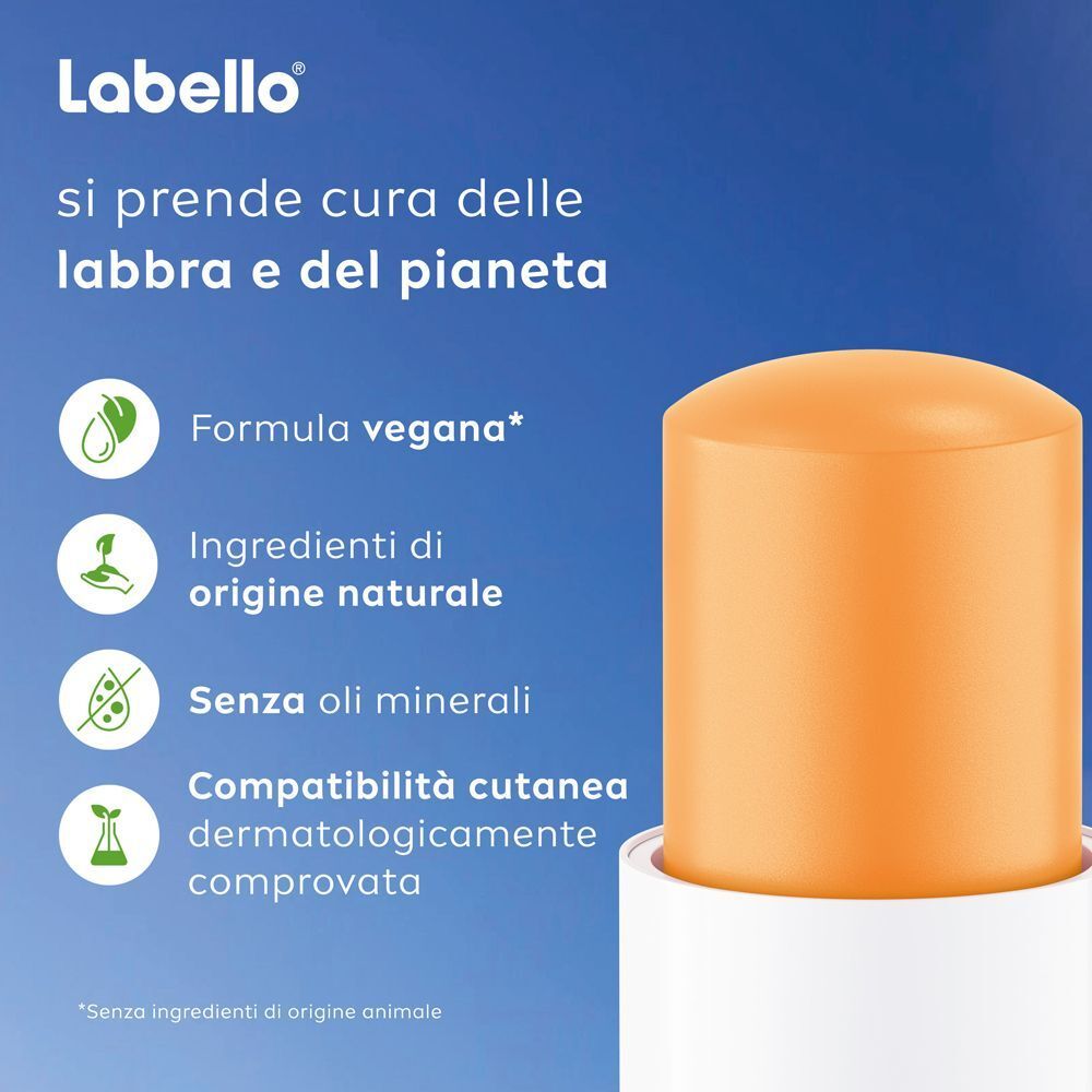 Burrocacao Labello Mango Shine con indicazioni su formula vegana e ingredienti naturali.