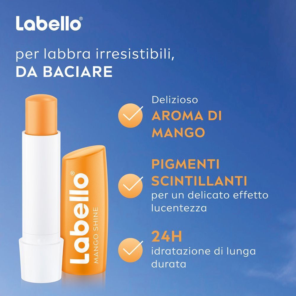 Burrocacao Labello Mango Shine, aperto e chiuso, con indicazioni su aroma e brillantezza.