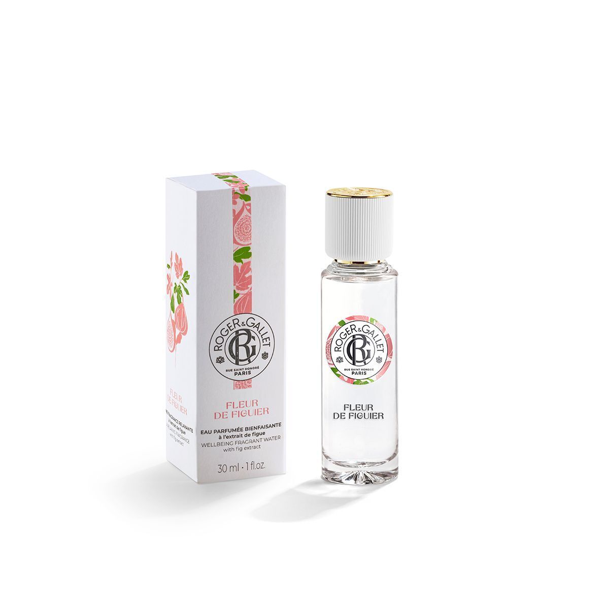Flacone e scatola ROGER&GALLET Fleur De Figuier Acqua Profumata di Benessere 30ml.