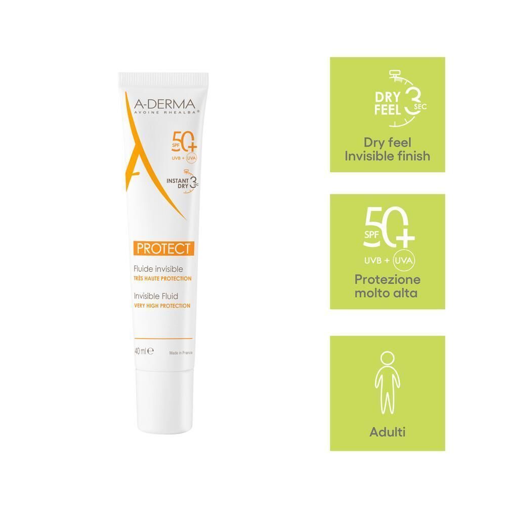 A-Derma Protect Fluido invisibile SPF 50+ con icone per pelle secca, SPF 50+ e adulti.
