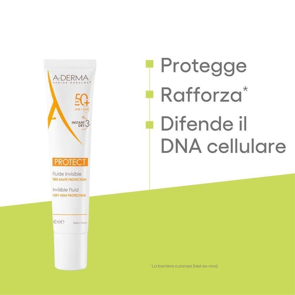 A-Derma Protect Fluido invisibile SPF 50+ con benefici: protegge, rinforza, difende il DNA.