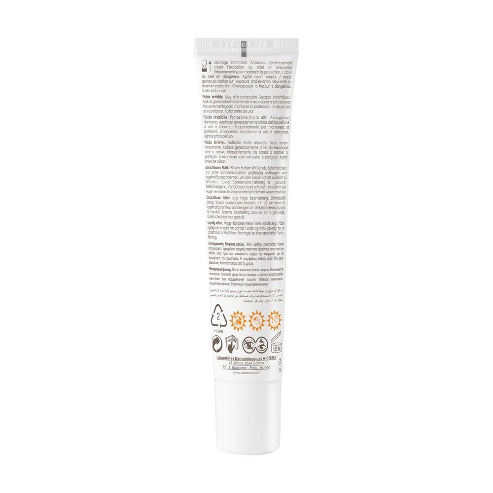 Retro di un tubo A-Derma Protect Fluide Invisible SPF 50+ con istruzioni e simboli.