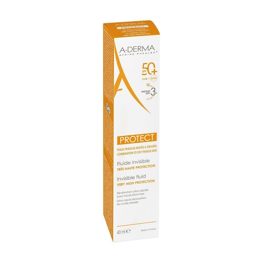 Confezione di A-Derma Protect Fluide Invisible SPF 50+, fluido invisibile ad altissima protezione.