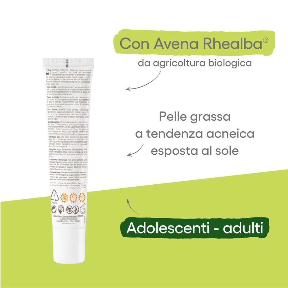 Tubo A-Derma Protect Fluide Invisible SPF 50+ con menzione di avena Rhealba e per pelli grasse a tendenza acneica.