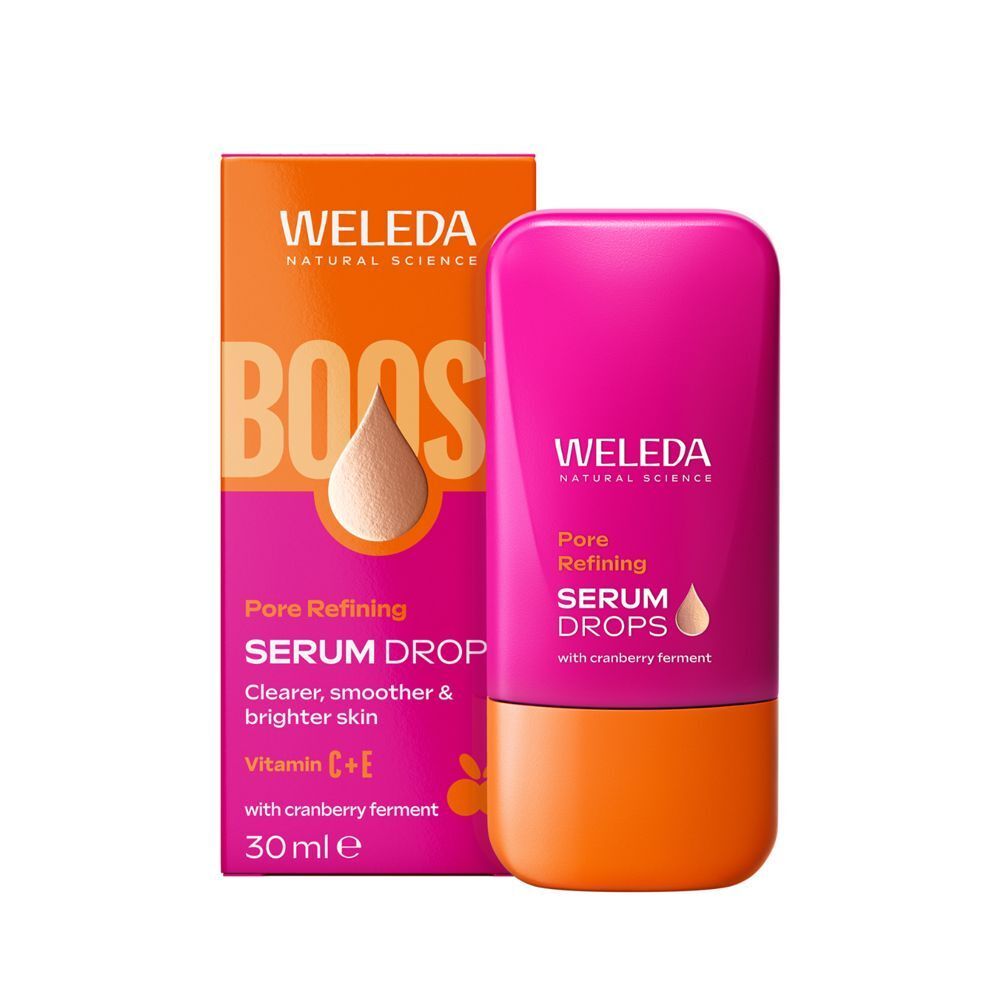 Flacone di WELEDA Siero Multivitaminico accanto a una confezione del prodotto arancione e rosa.