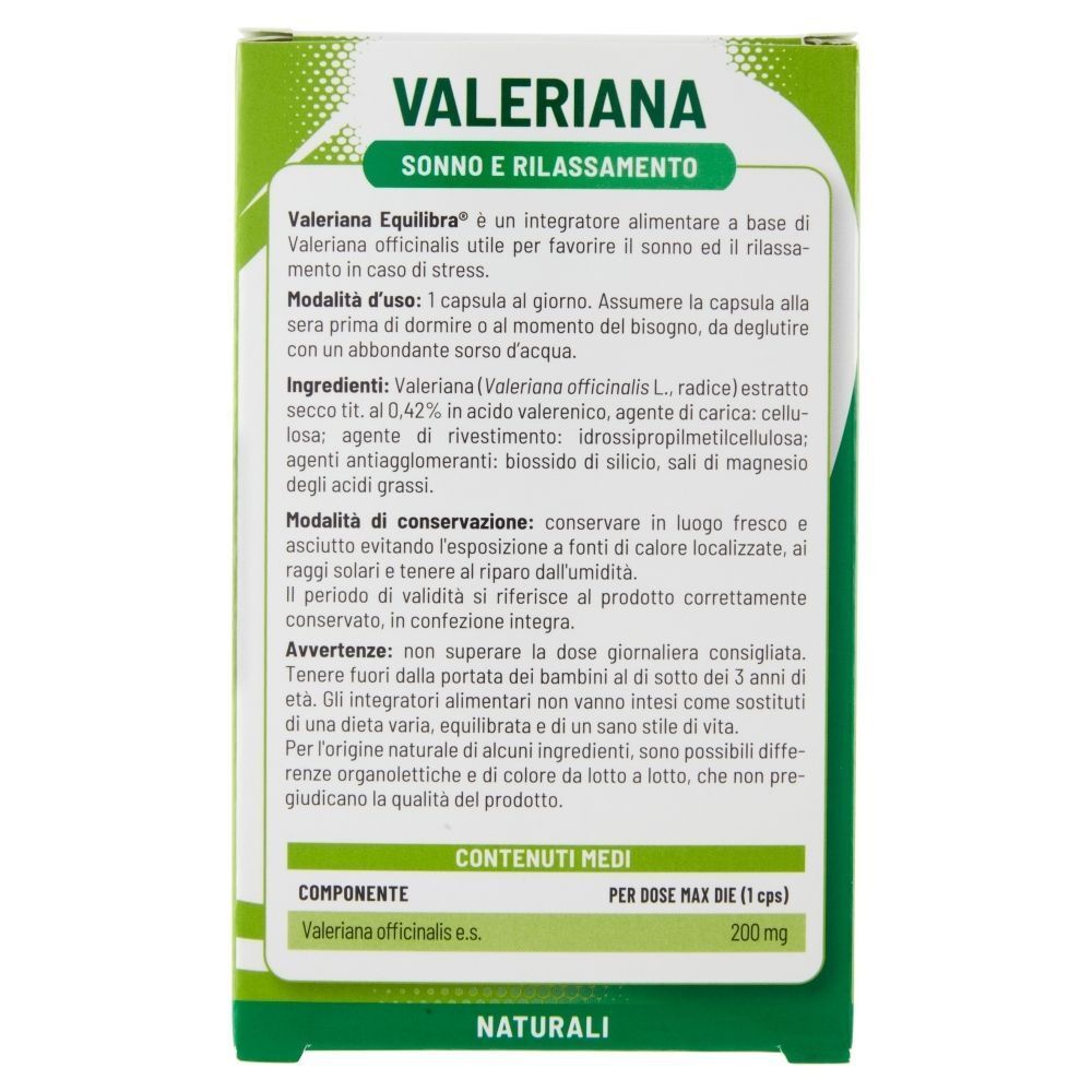Retro di una confezione Equilibra Valeriana con informazioni su ingredienti e uso.