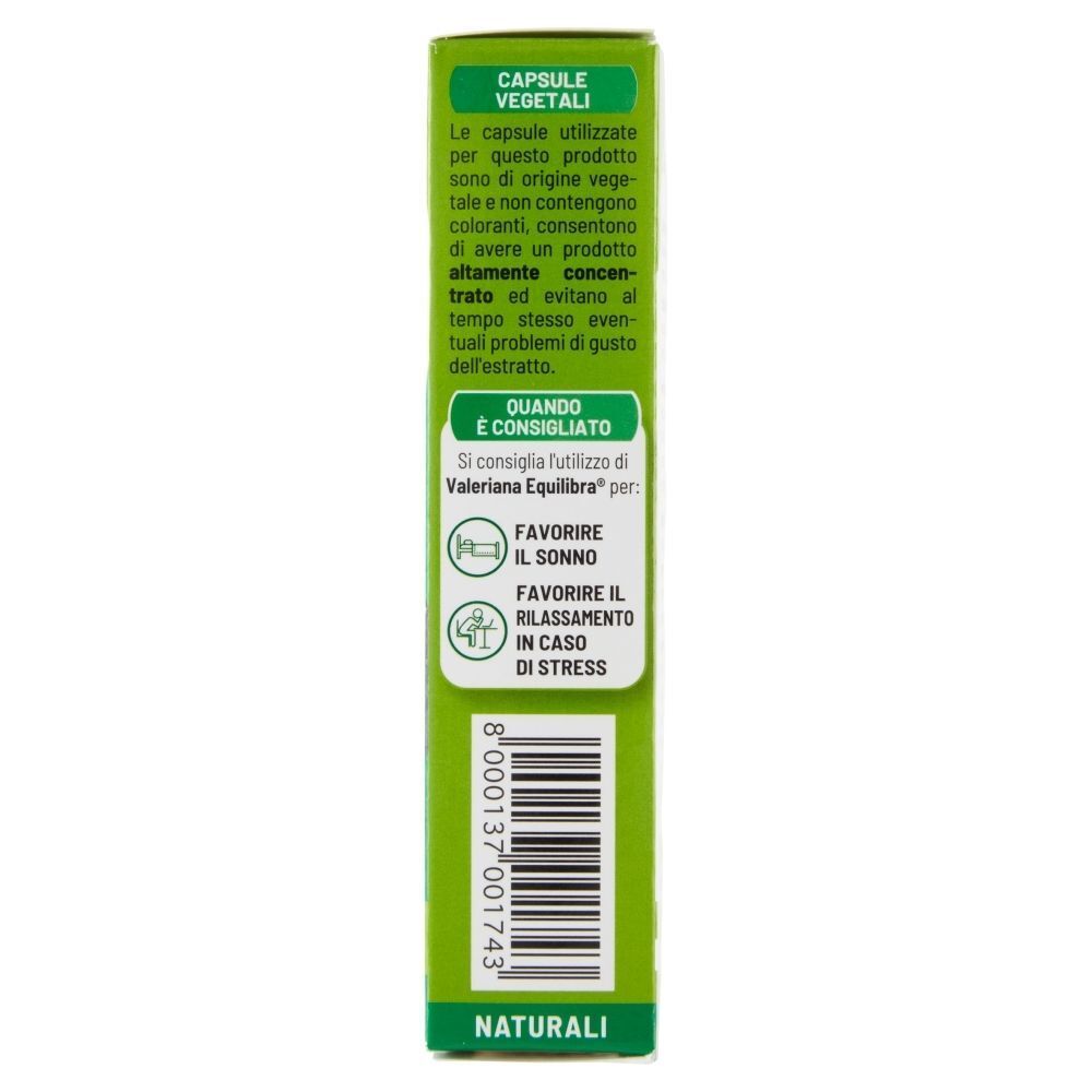 Lato di una confezione Equilibra Valeriana con indicazioni d'uso e codice a barre.
